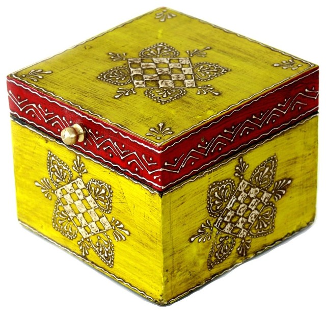 Wooden Hand Painted Jewelry Box In Yellow And Dark Red Asian Wooden Hand Painted Jewelry Box In Yellow And Dark Red
