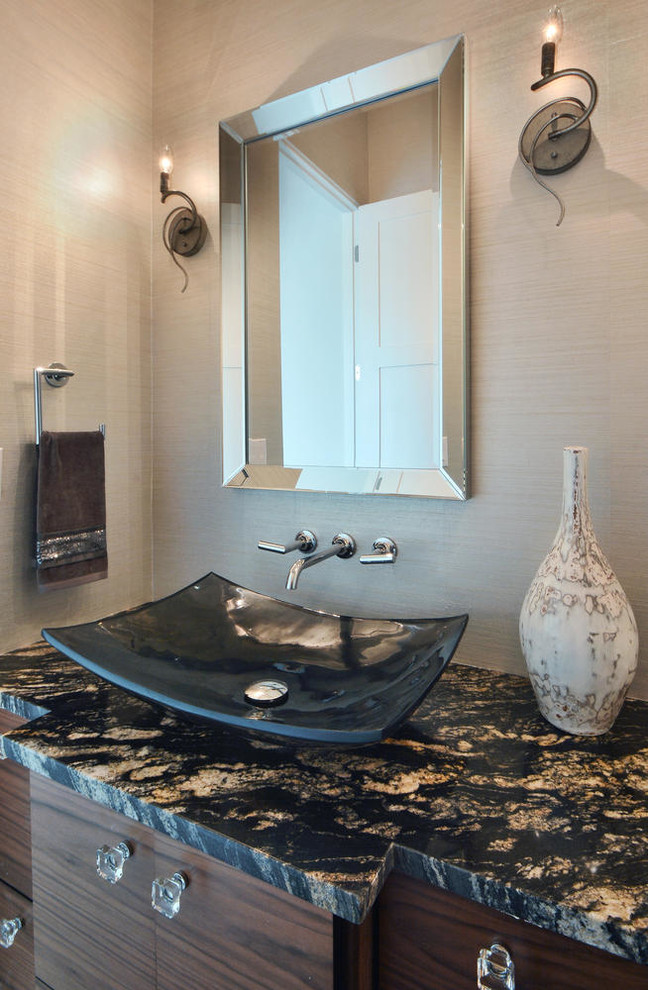 Mid-sized transitional bathroom in Austin with flat-panel cabinets.