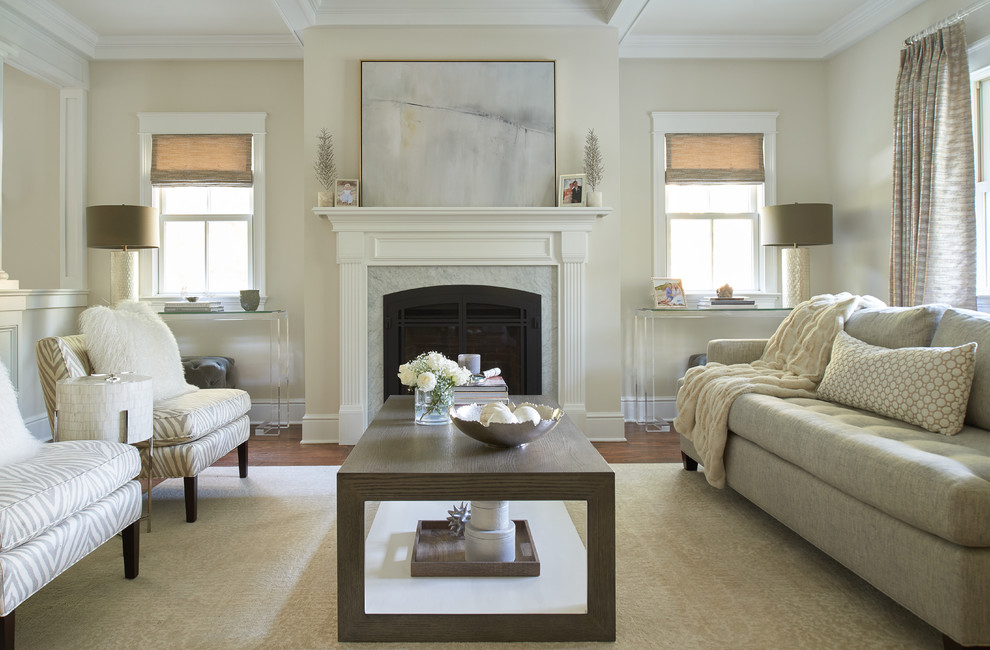 Inspiration for a mid-sized transitional formal open concept living room in DC Metro with beige walls, dark hardwood floors, a standard fireplace, brown floor, a tile fireplace surround and no tv.