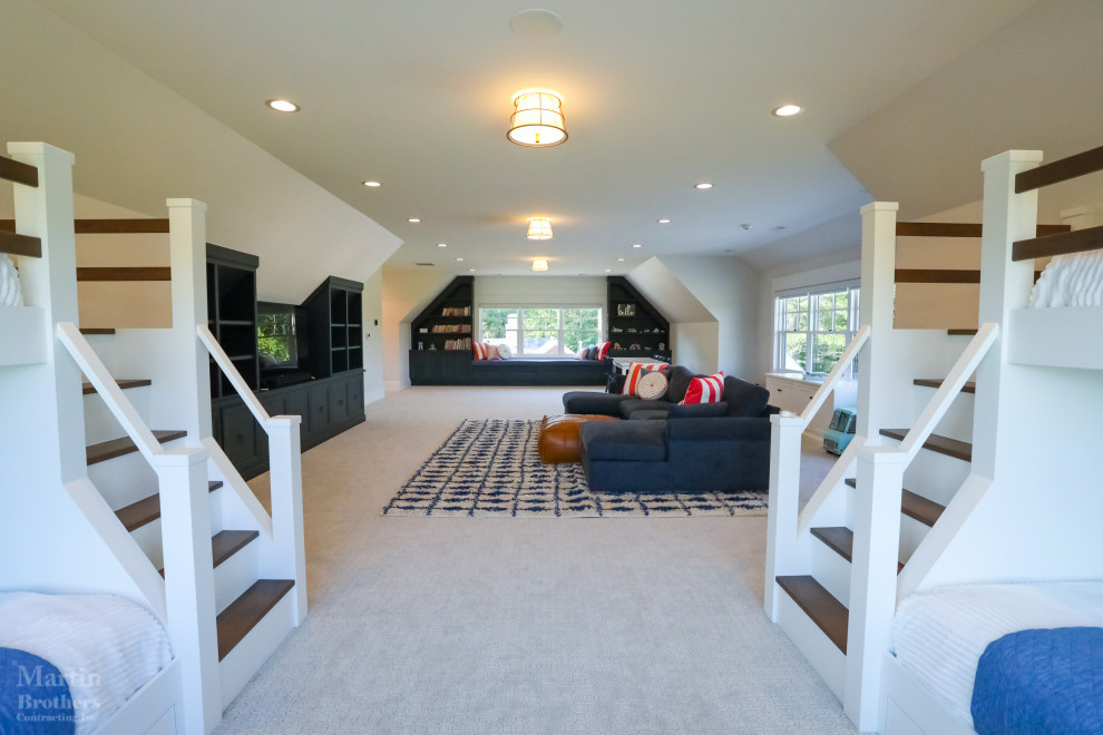 Bunkroom - Children's bunkroom and playroom; complete with built-in bunk beds that sleep 4, television, library and attached bath. Custom made bunk beds include shelves stairs and lighting.

General contracting by Martin Bros. Contracting, Inc.; Architecture by Helman Sechrist Architecture; Home Design by Maple & White Design; Photography by Marie Kinney Photography.

Images are the property of Martin Bros. Contracting, Inc. and may not be used without written permission. — with Maple & White Design and Ayr Cabinet Company.