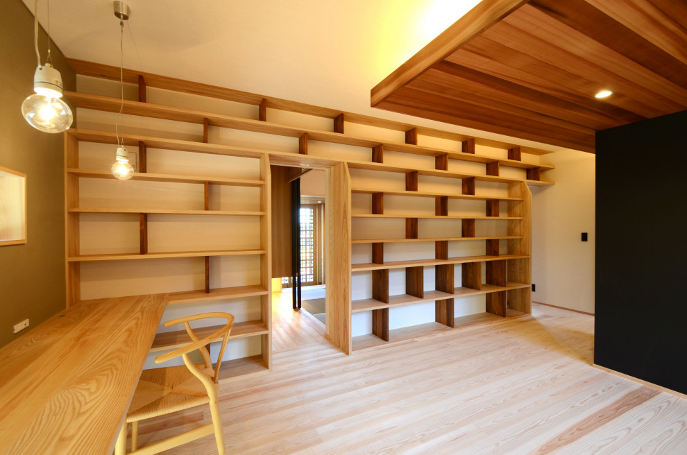 Mittelgroßes Lesezimmer mit weißer Wandfarbe, braunem Holzboden, Einbau-Schreibtisch, braunem Boden, Holzdecke und Tapetenwänden