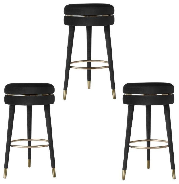 Home Square 3 Piece Swivel Velvet Upholstery Bar Stool Set in Black