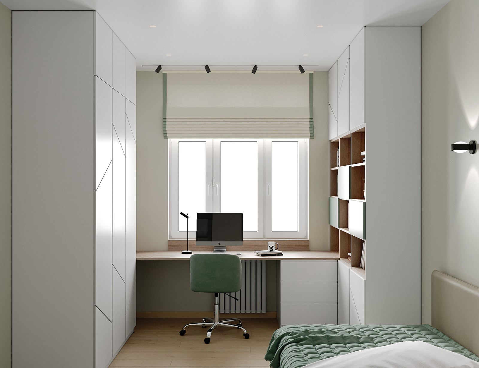 Деткая комната с зелеными акцентами. Рабочее место.