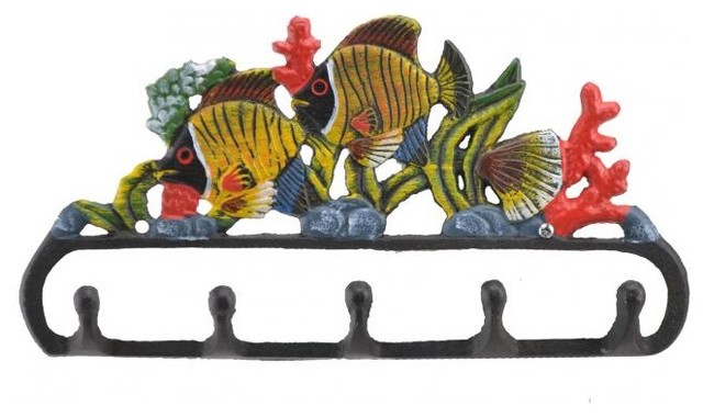 Cast Iron Wall Hook Rack, Tropical Fish and Coral, 11.125"W