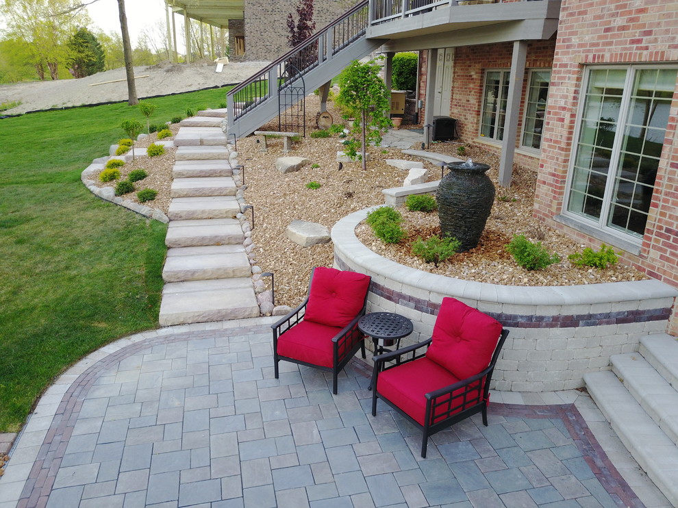 Photo of a large contemporary backyard patio in Chicago with a water feature and brick pavers.