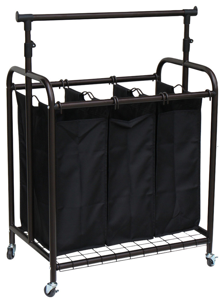 Oceanstar 3-Bag Rolling Laundry Sorter with Adjustable Hanging Bar, Bronze