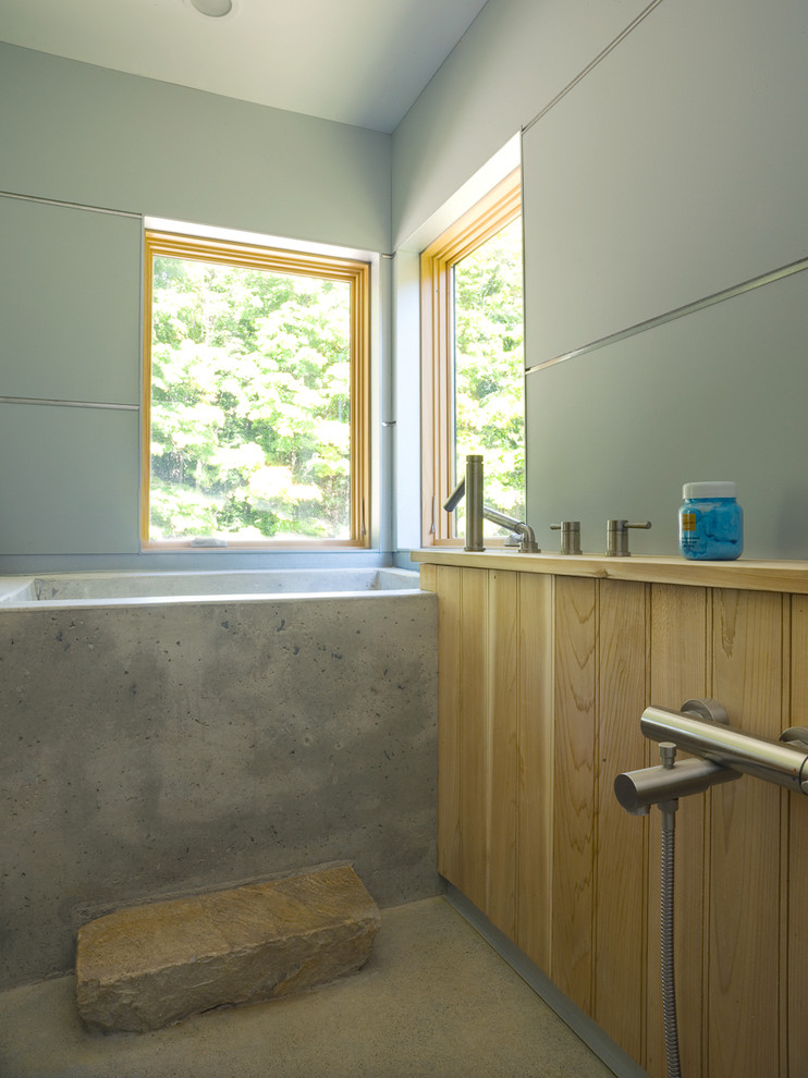 Design ideas for a contemporary bathroom in Burlington with medium wood cabinets and a japanese tub.