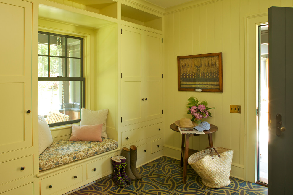 Country mudroom in Boston with beige walls, a single front door, a gray front door and multi-coloured floor.