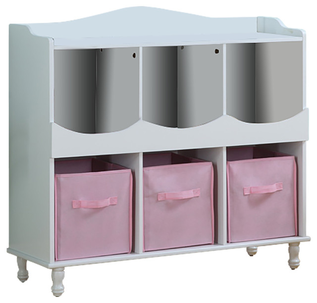 Wood 6 Cubby Storage Cabinet With 3 Pink Fabric Bins White Finish Wood 6 Cubby Storage Cabinet With 3 Pink Fabric Bins White Finish