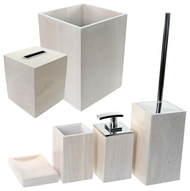 wooden 6 piece white bathroom accessory set - contemporary