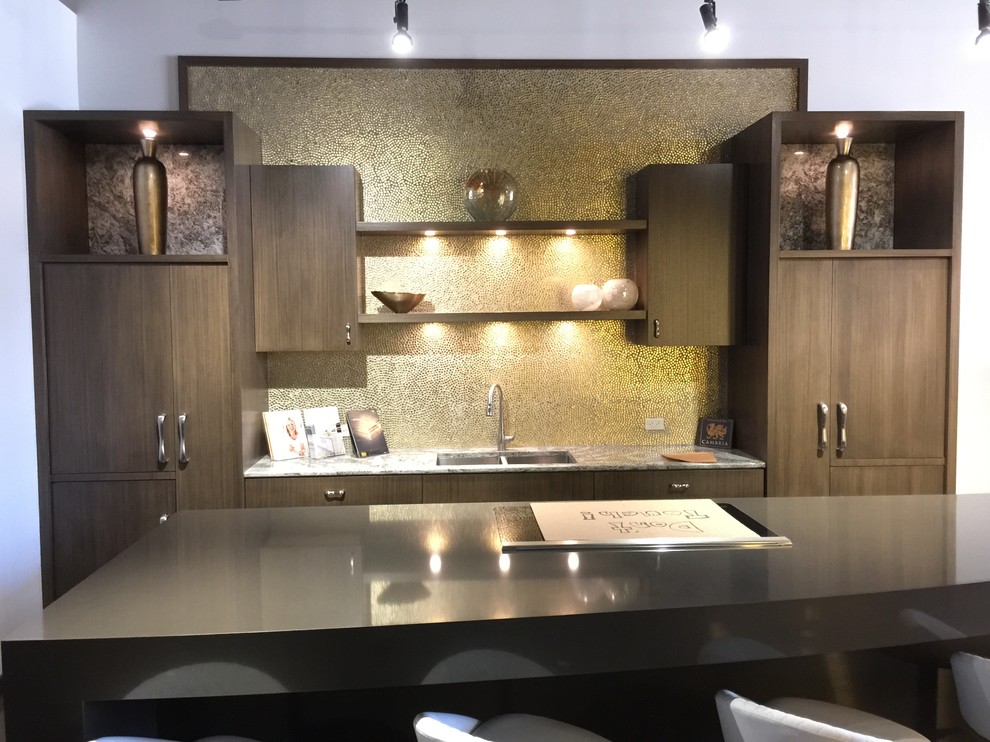Large contemporary single-wall kitchen in Other with an undermount sink, flat-panel cabinets, dark wood cabinets, granite benchtops, yellow splashback and metal splashback.