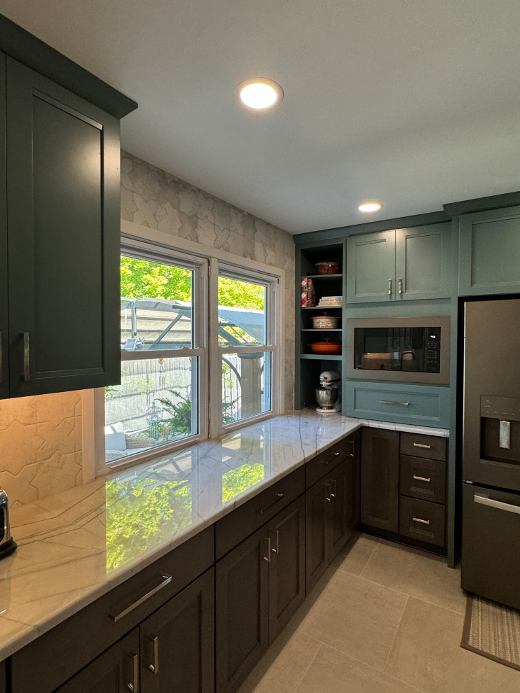Large transitional galley porcelain tile and beige floor eat-in kitchen photo in Omaha with a double-bowl sink, recessed-panel cabinets, turquoise cabinets, quartzite countertops, white backsplash, porcelain backsplash, stainless steel appliances, no island and white countertops