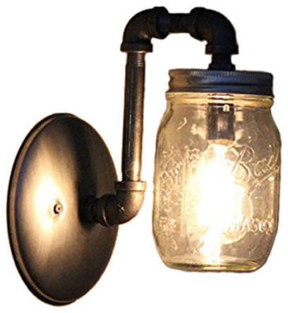 Industrial Black Pipe Mason Jar Wall Sconce Light Fixture 