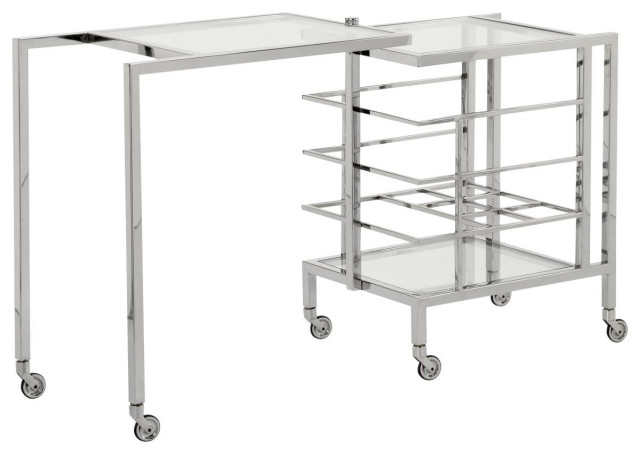 Bar Cart Polished Nickel Glass Metal Swivel 3 -Shelf