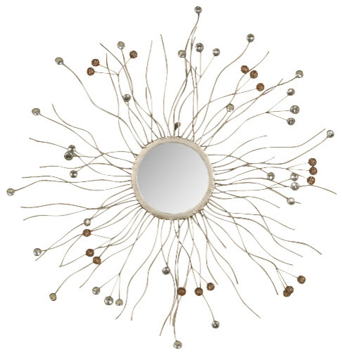 Metal Sunburst Wall Mirror With Jeweled Ends, Silver