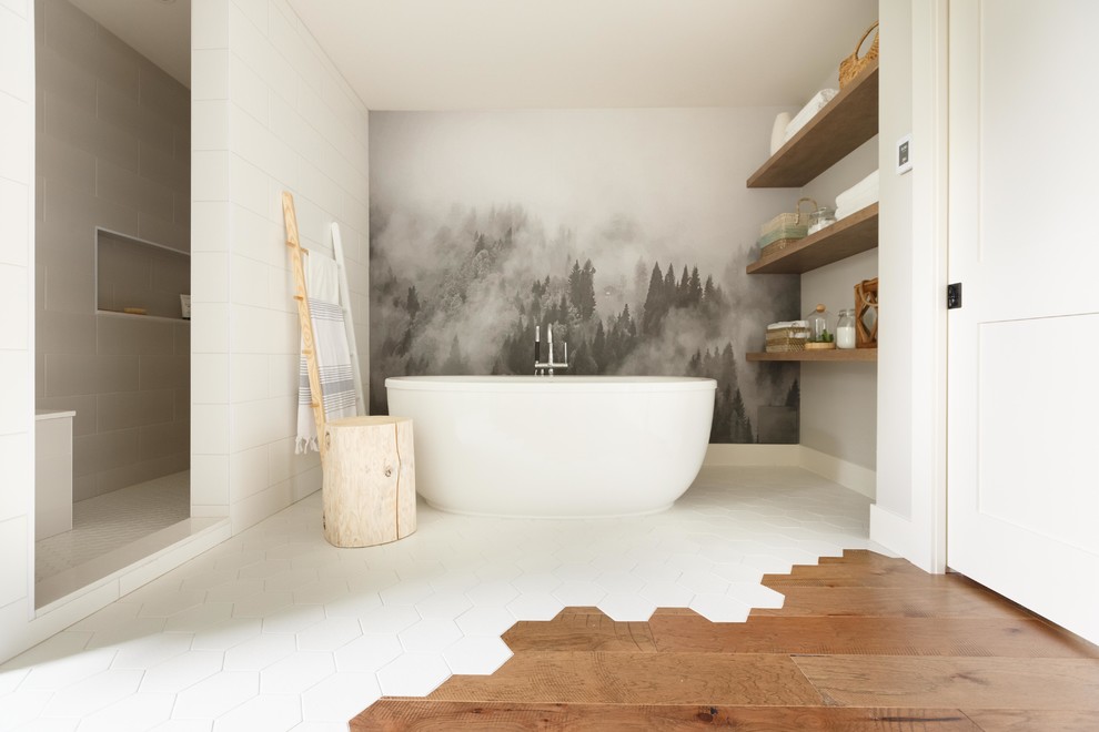 Inspiration for an eclectic master bathroom in Vancouver with open cabinets, medium wood cabinets, a freestanding tub, gray tile, white tile, multi-coloured walls, multi-coloured floor and an open shower.