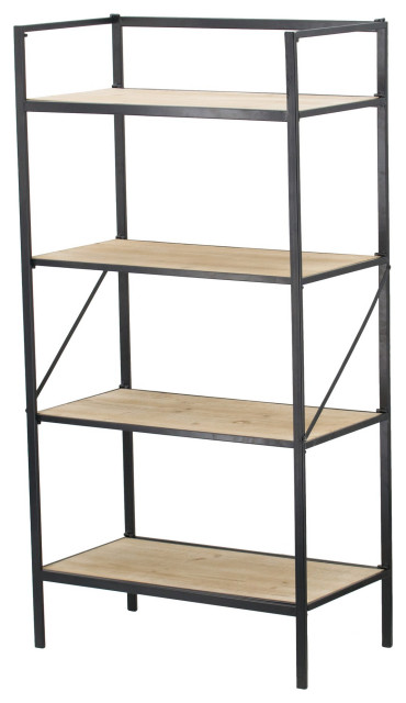 Benzara Standing Bookshelf, Modern, 4 Tier, Fir Wood, Iron, Black, Brown
