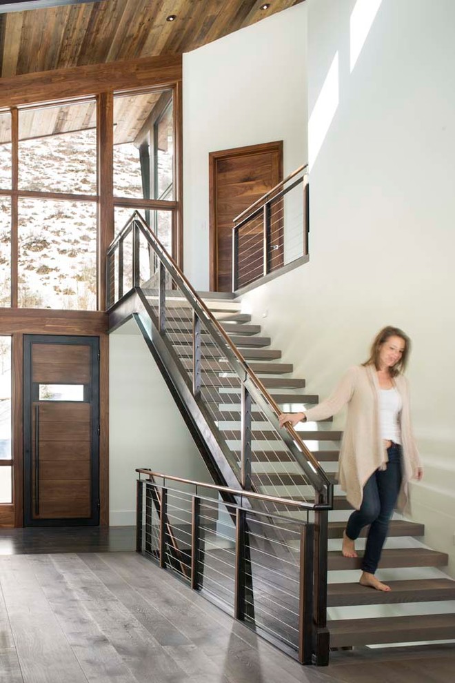 Inspiration for a mid-sized contemporary foyer in Denver with white walls and light hardwood floors.