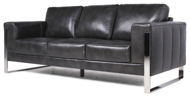 Maklaine Leather Sofa With Metal Leg In Grey Contemporary Sofas By Homesquare