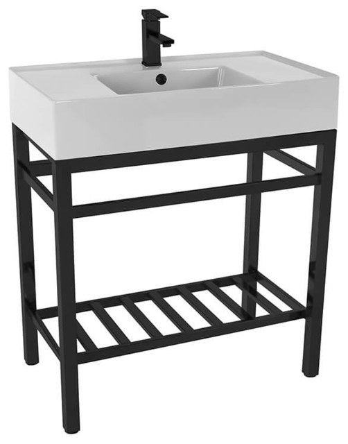 Modern Ceramic Console Sink With Counter Space and Matte Black Base Contemporary Bathroom