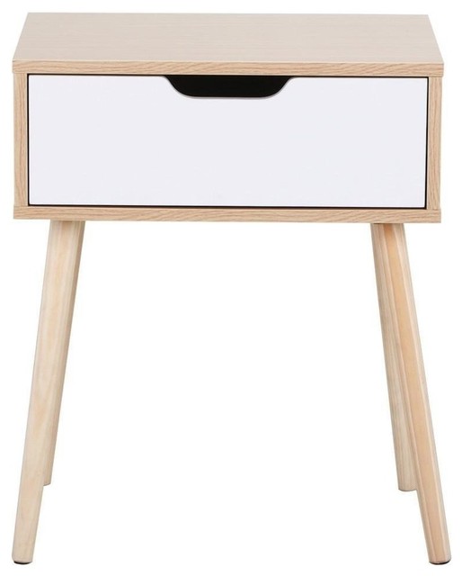 Bedside Table With Oak Finished Frame and White Storage Drawer, Modern Design