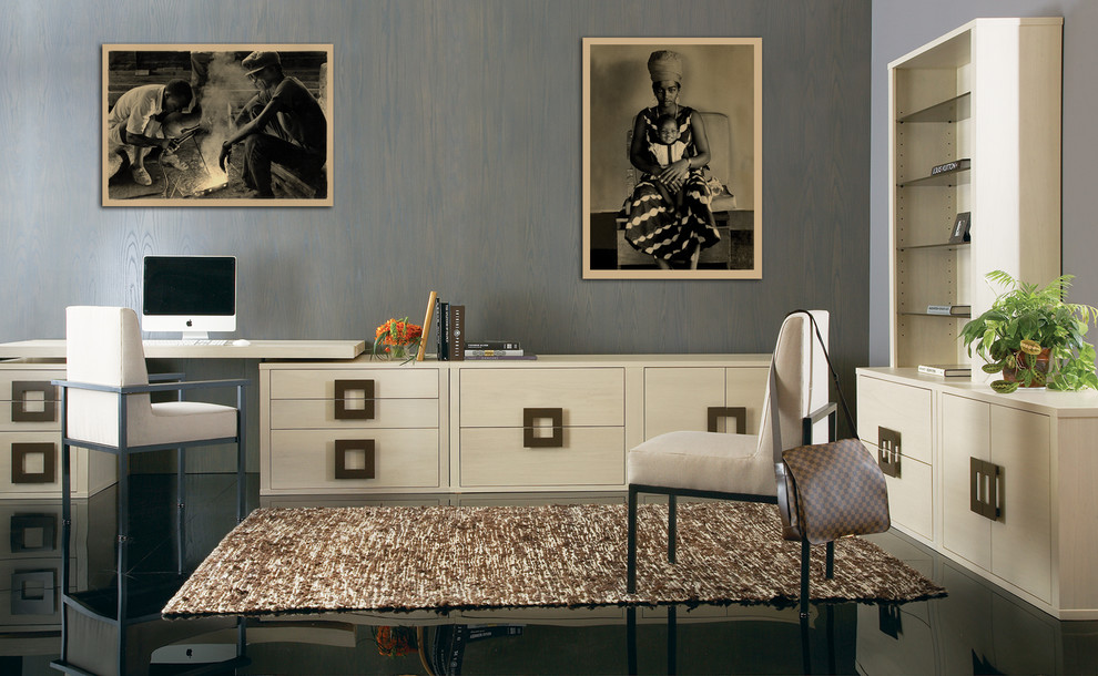 Design ideas for a large contemporary study room in Phoenix with grey walls, linoleum floors and a freestanding desk.