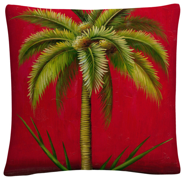 Tropical Palm I' Mid Century Red By Masters Fine Art Decorative Throw Pillow