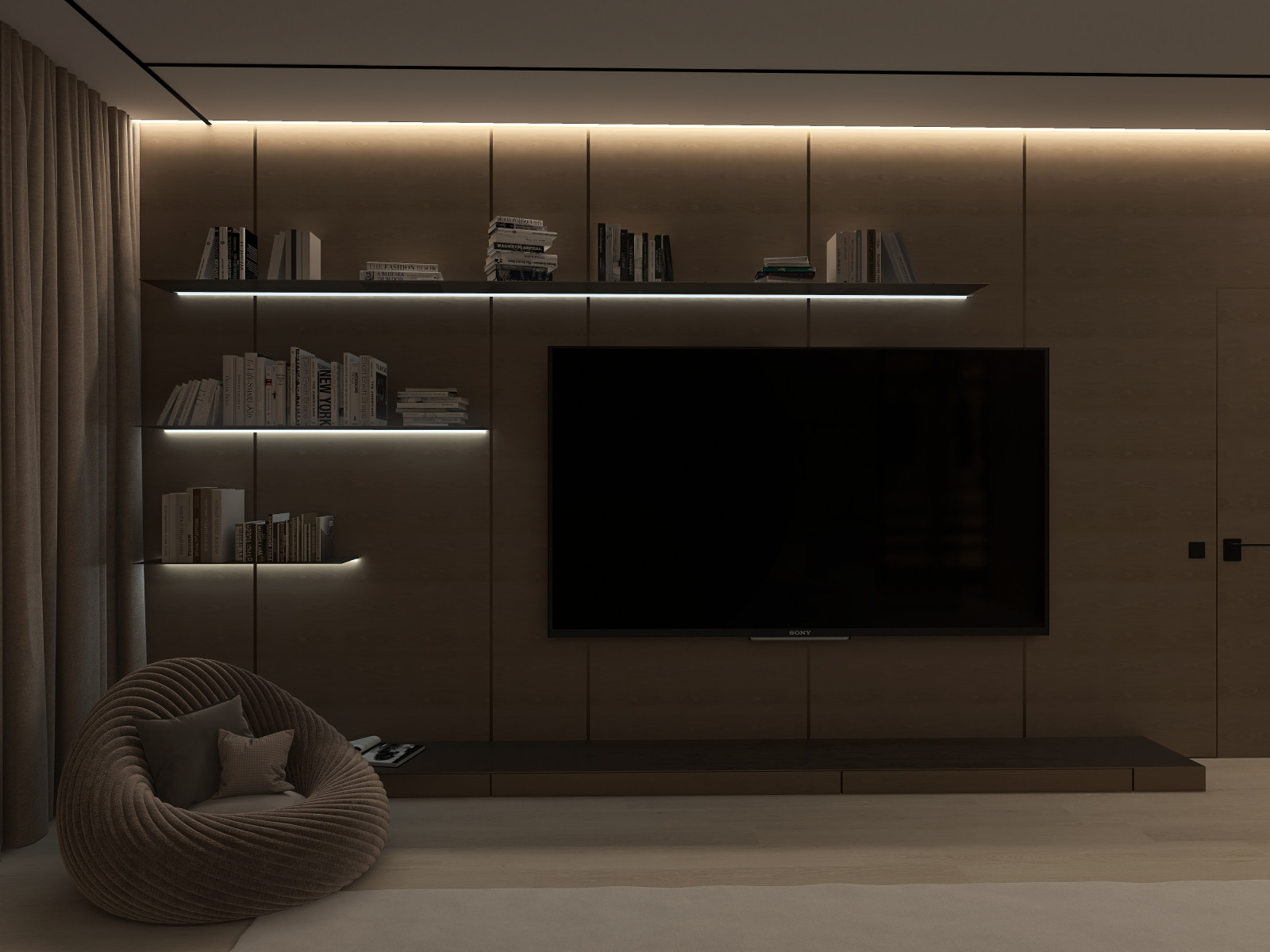 Мастер-блок с собственным гардеробом, необычным полками для книг и ковром на всю