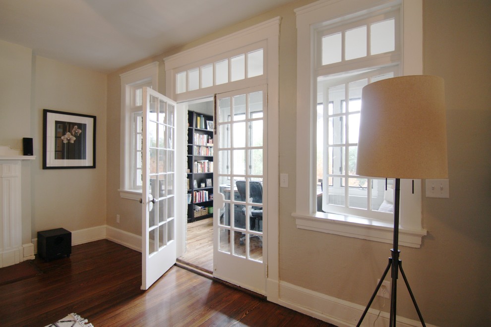 Inspiration for a mid-sized arts and crafts study room in Atlanta with grey walls and medium hardwood floors.