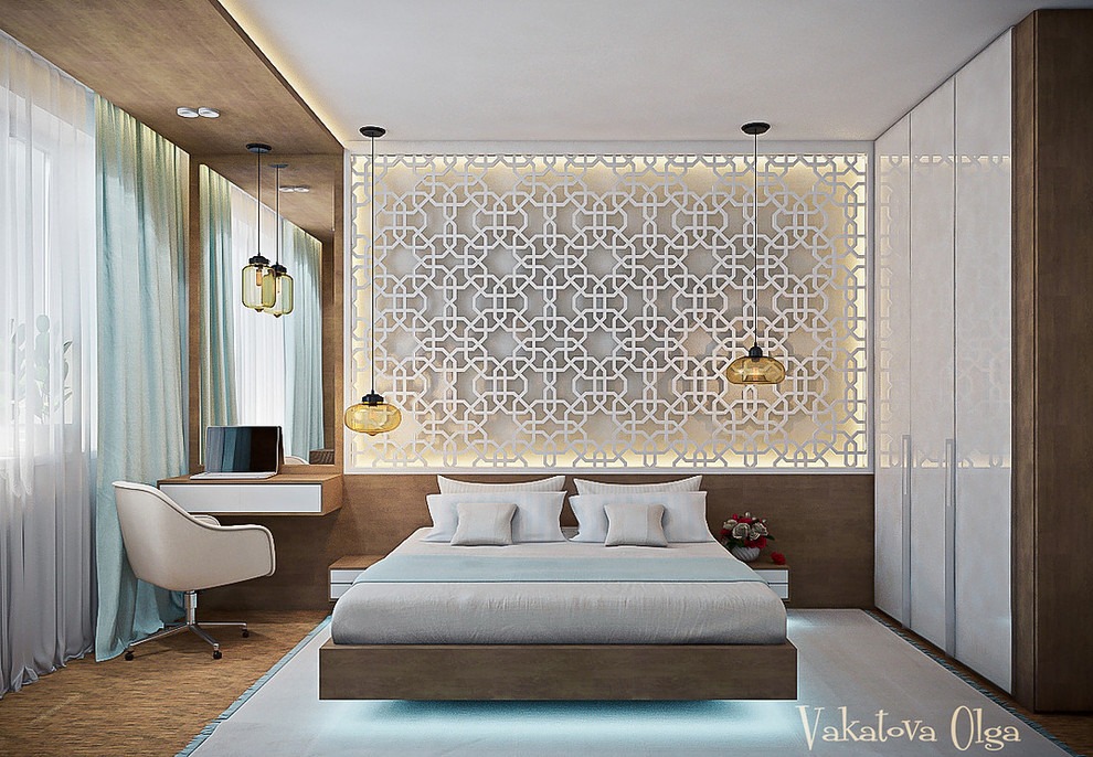 Интерьер  спальни в стиле минимализм  с этническими мотивами.