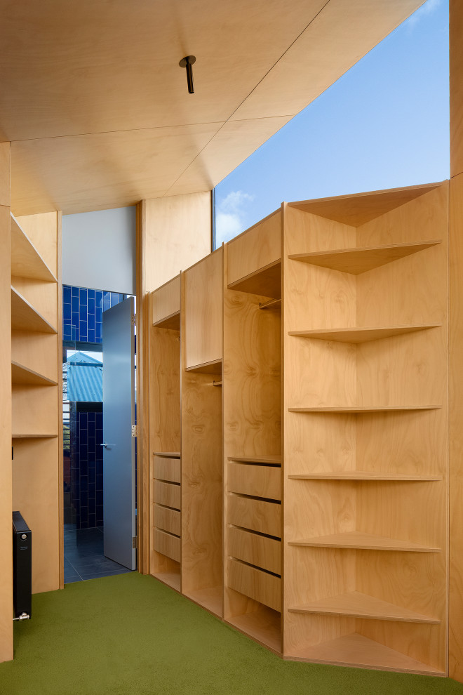 Immagine di un armadio incassato minimal di medie dimensioni con ante lisce, ante in legno chiaro, moquette, pavimento verde e soffitto in legno