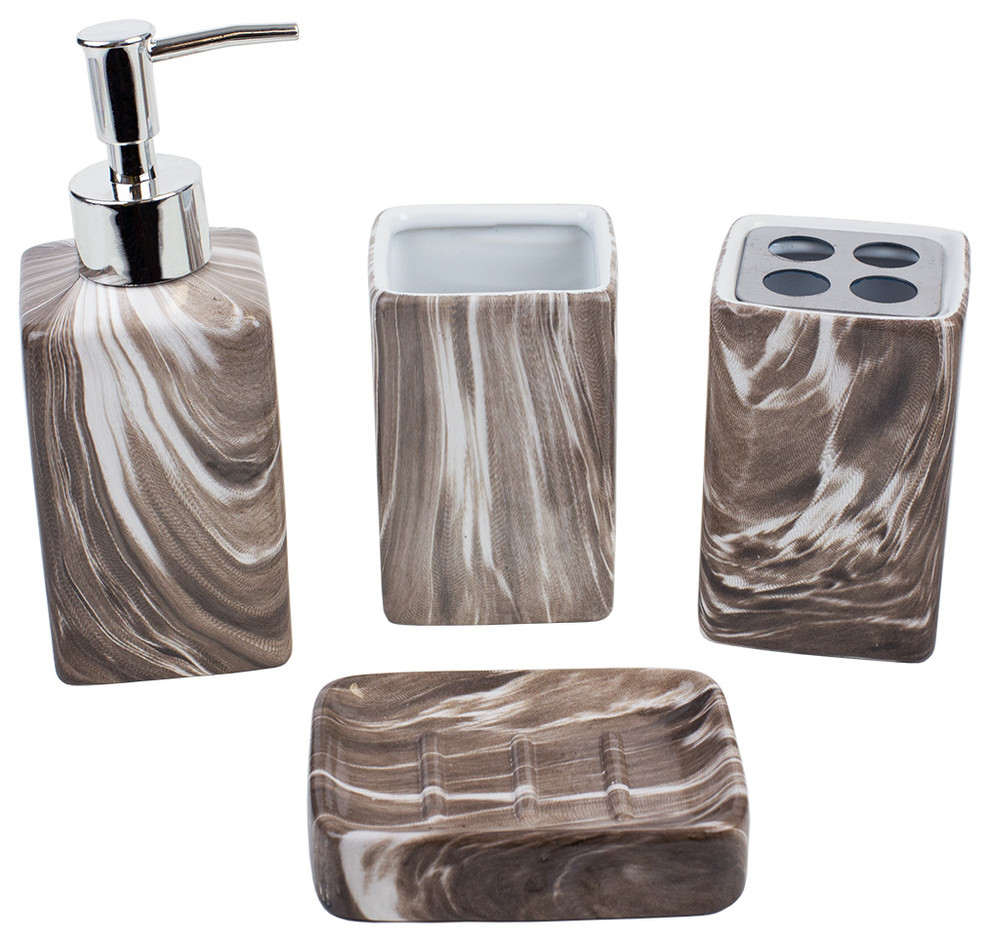 Marble Ceramic 4Piece Bath Accessory Set, Ebony Contemporary
