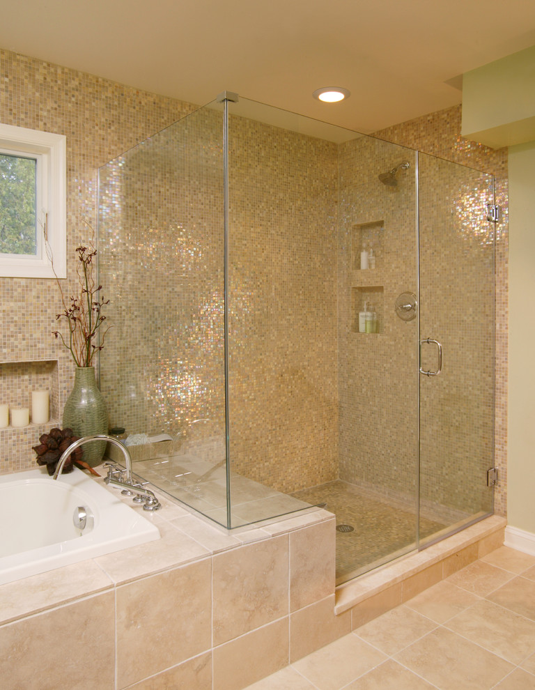 This is an example of a transitional bathroom in Boston with mosaic tile.