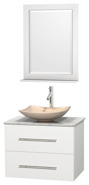 Centra 30" White Single Vanity, White Carrera Marble Top, Ivory Marble Sink