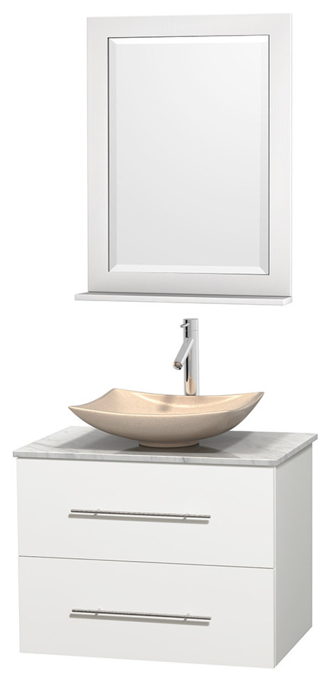 Centra 30" White Single Vanity, White Carrera Marble Top, Ivory Marble Sink