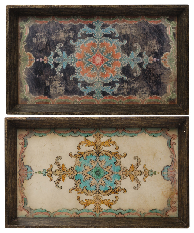 A&B Home Multi Color Floral Design Large Wooden Decorative Trays Set Of 2
