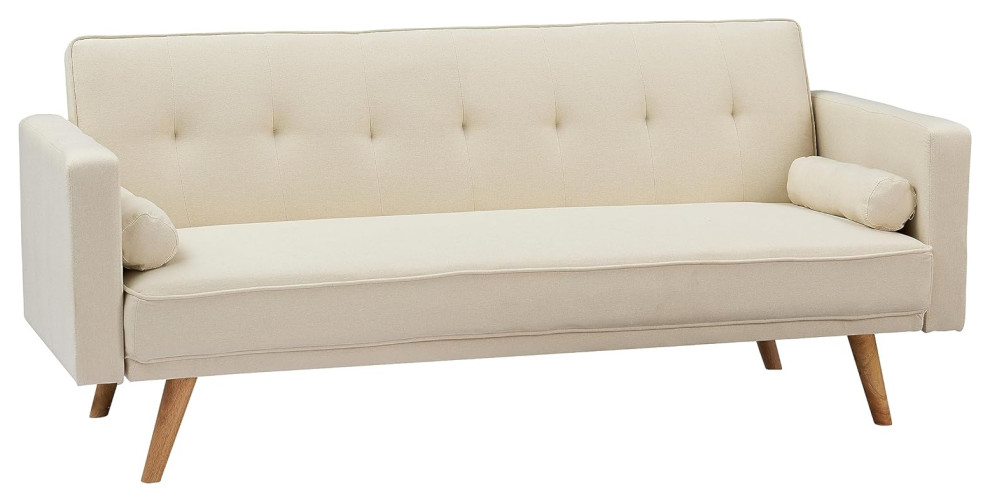 Versatile Futon Sofa, Linen Upholstered Seat With 2 Bolster Pillows