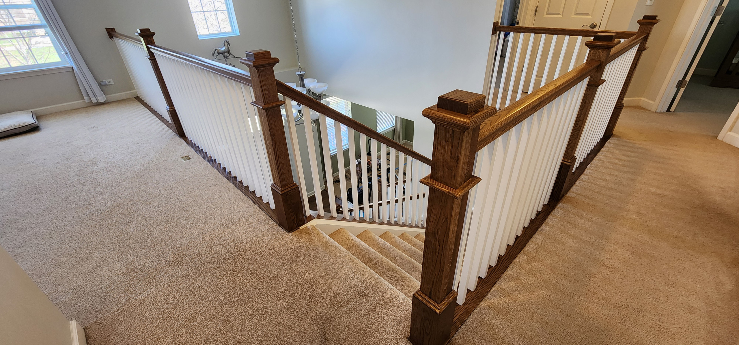 White Oak Provincial Box Newels with square white balusters
