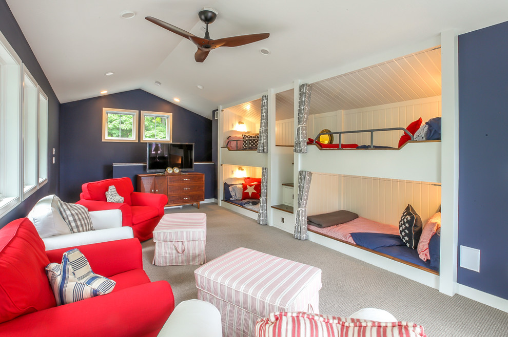 Kennedy Lake House - Example of a farmhouse carpeted kids' room design in Grand Rapids with blue walls