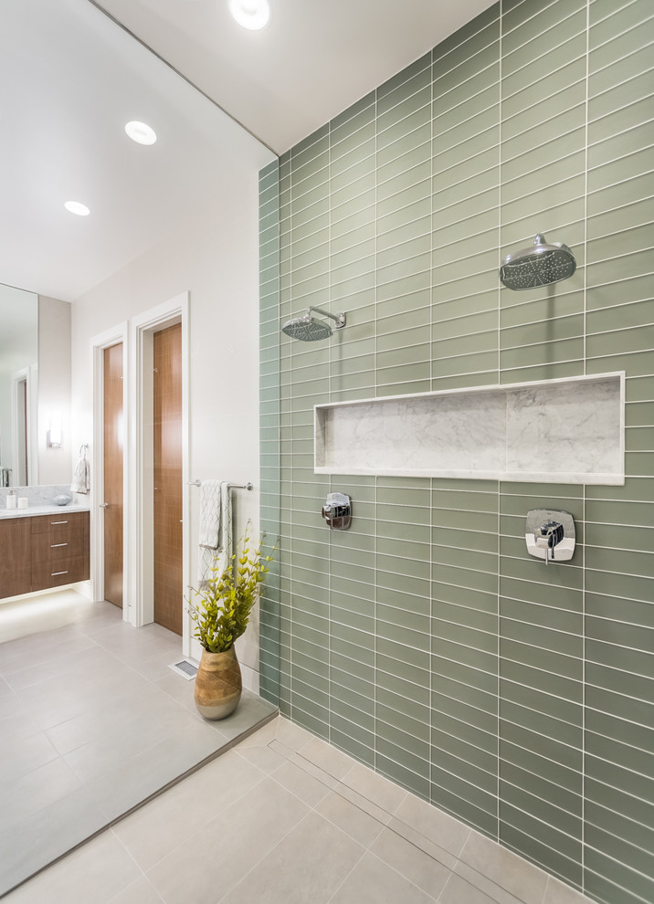Inspiration for an expansive country bathroom in Seattle with an open shower, green tile, subway tile, white walls, medium hardwood floors, a console sink, marble benchtops, brown floor and white benchtops.