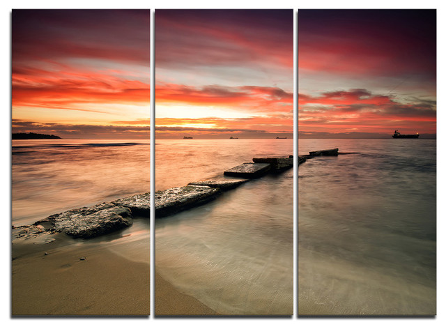 "Wonderful Sunrise on Black Ocean" Beach Metal Wall Art, 3 Panels, 36