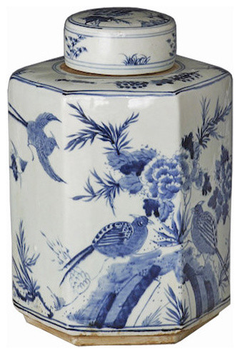 Orange and White Porcelain Hexagonal Tea Caddy Jar Foo Dog Motif 8/"