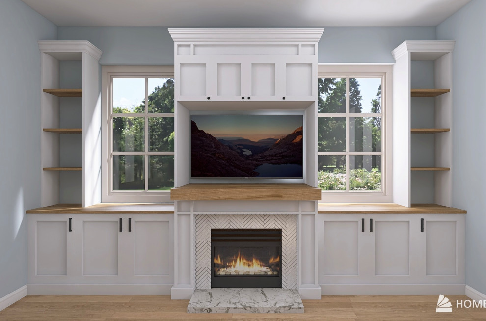 Cette image montre un salon marin de taille moyenne et ouvert avec un mur bleu, parquet clair, une cheminée standard, un manteau de cheminée en carrelage et un sol marron.