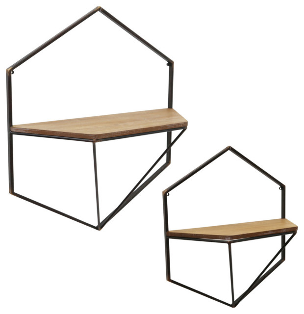 2Piece Metal and Wood Wall Shelf Set, Brown Industrial Display And Wall Shelves by