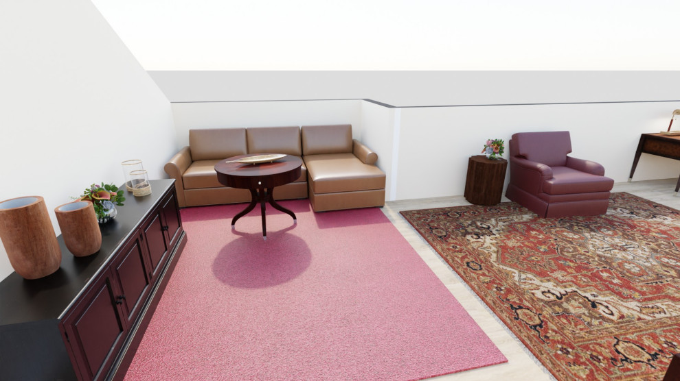 Kleines Rustikales Lesezimmer ohne Kamin mit schwarzer Wandfarbe, hellem Holzboden, Einbau-Schreibtisch, braunem Boden, freigelegten Dachbalken und vertäfelten Wänden in Portland Maine