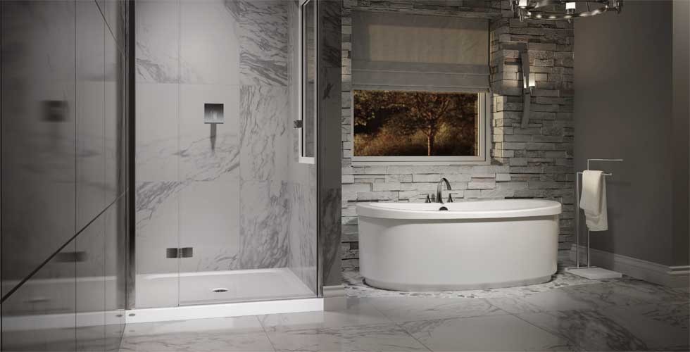 Example of a mid-sized transitional master gray tile and stone tile marble floor and white floor freestanding bathtub design with gray walls and a hinged shower door
