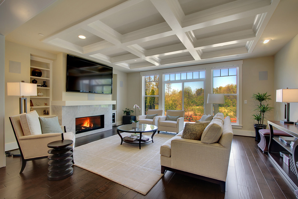 Photo of a large transitional open concept living room in Seattle with beige walls, a wall-mounted tv, dark hardwood floors, a ribbon fireplace, a stone fireplace surround and brown floor.