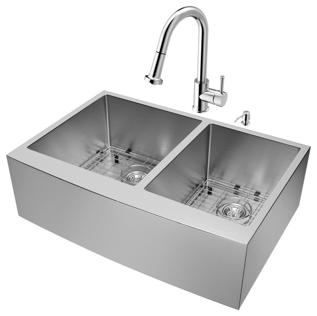 Stainless Steel Sink With Chrome Faucet vigo all in one farmhouse double bowl kitchen sink and chrome faucet set contemporary kitchen sinks by vigo industries