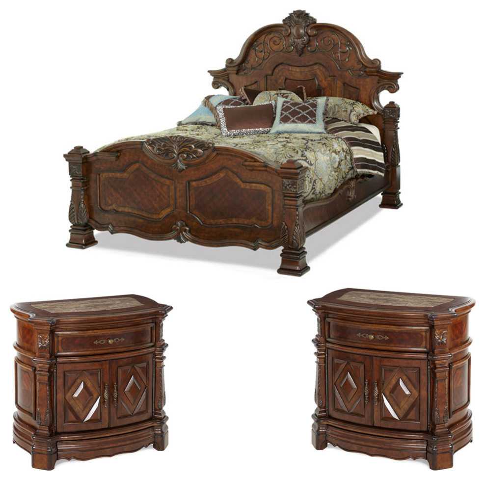 Windsor Court Mansion Bed Set, VintageStyle Fruitwood, 3Piece Set, Queen Victorian Bedroom
