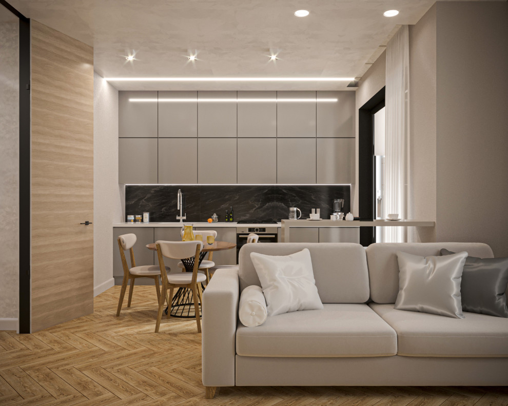 Дизайн минималистичной квартиры с серой кухней для студента в ЖК Glorax